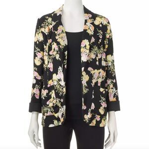 Candies Blazer Jrs Large Black Floral Open Front Unstructured Feminine Hipster